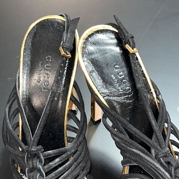 Gucci Gold & Black Rope Heels With Buckle Closure. Pre-Owned. Size 38.5 (8.5) - Picture 13 of 16